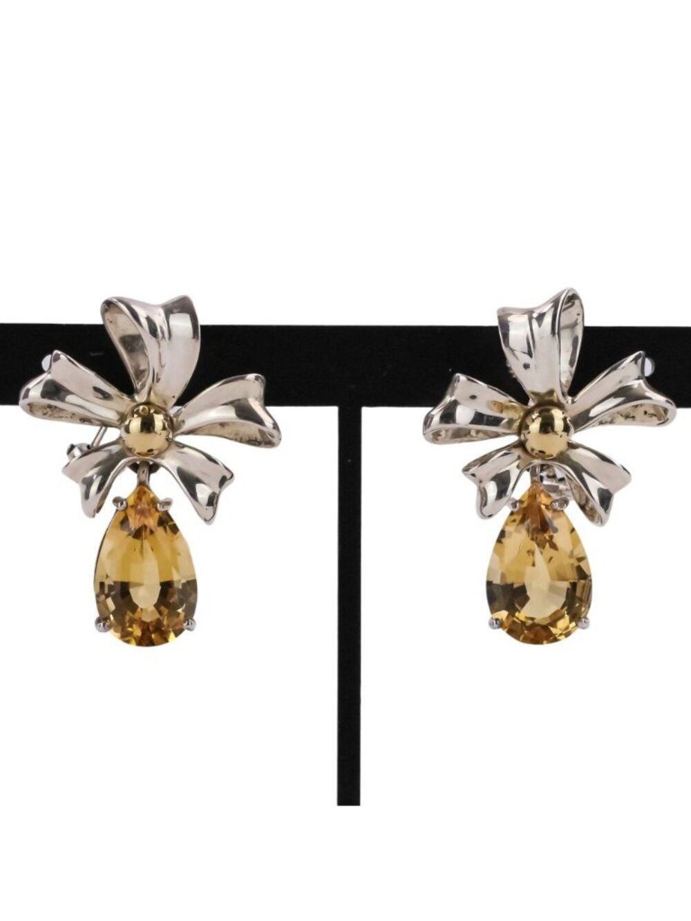 Tiffany & Co Vintage Flower Ribbon Motif Citrine Earrings 925 Sterling Silver
